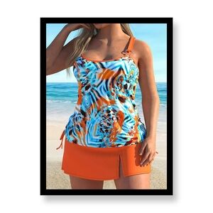 New Plus Size Orange and Blue Swirl Tankini Set
